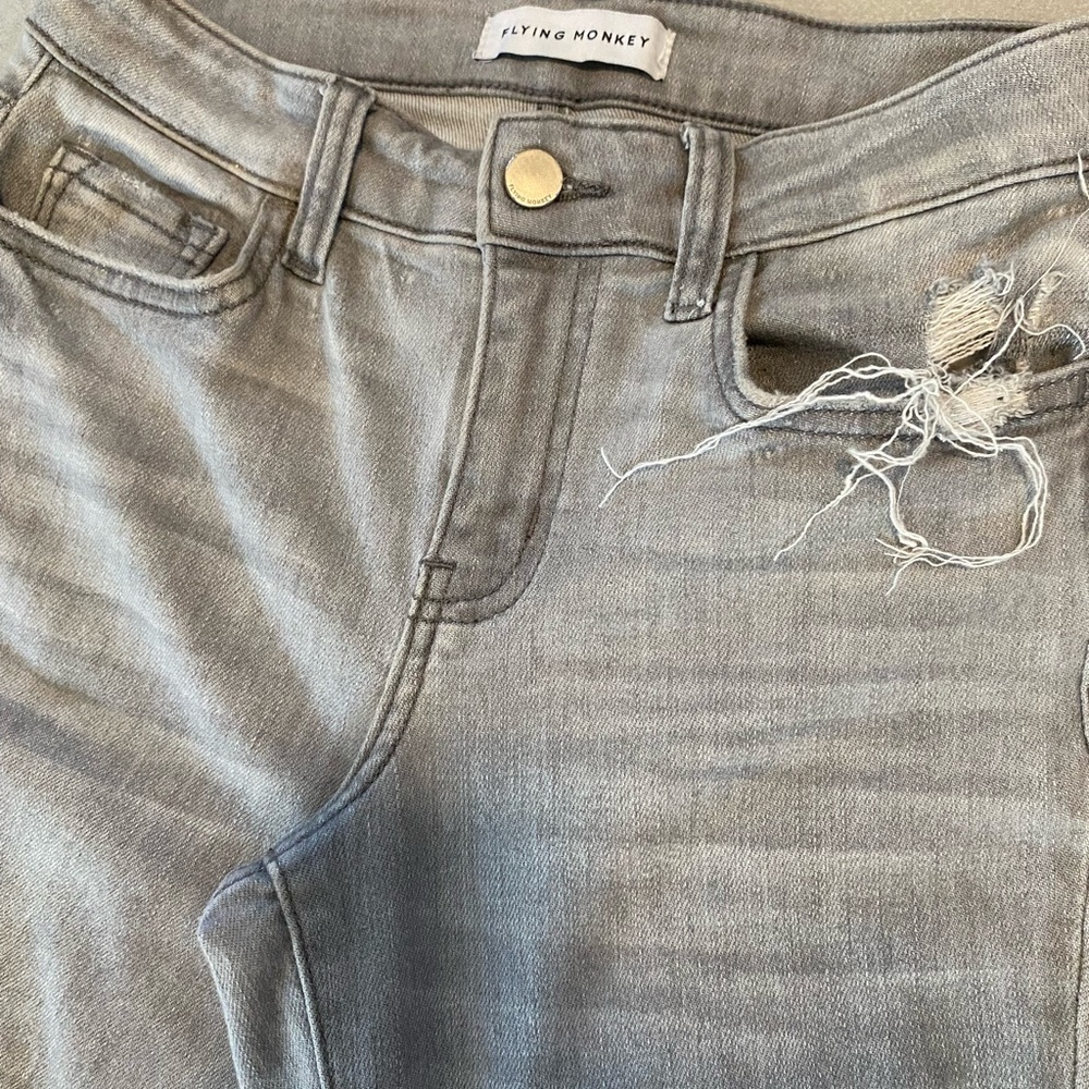Flying monkey flared denim, skinny fit, a little wear on the pocket